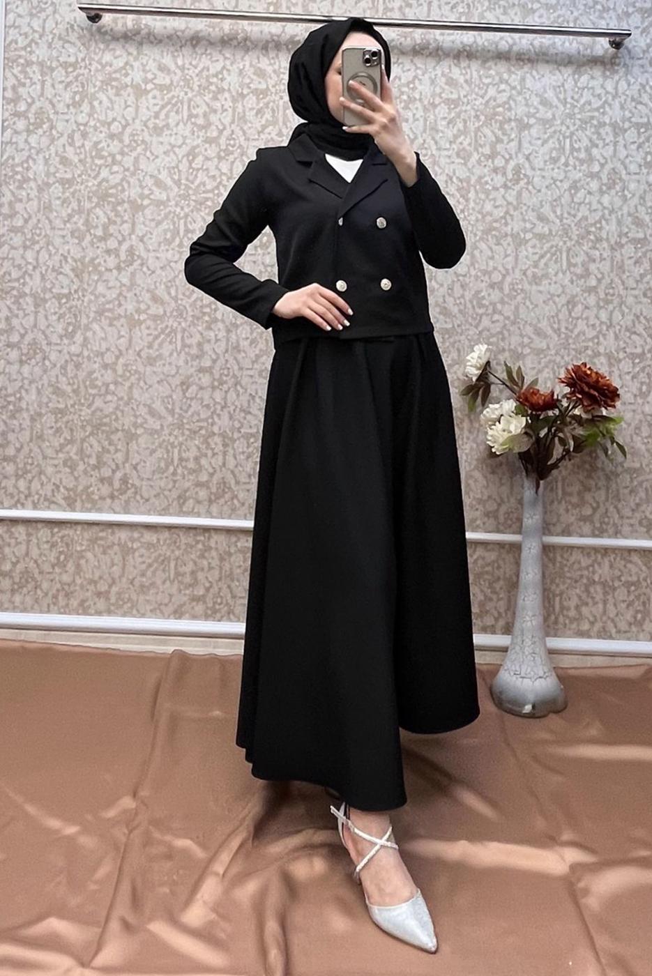 Tesettür giyim SİYAH CEKETLİ ETEKLİ TAKIM T 7806