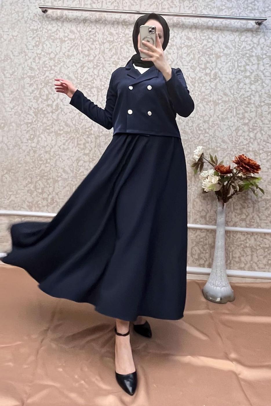Tesettür giyim LACİVERT CEKETLİ ETEKLİ TAKIM T 7806