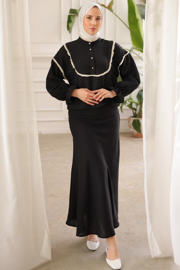 Tesettür giyim SİYAH DANTEL DETAYLI ETEKLİ TAKIM T 8702 - TRENDTESETTÜR