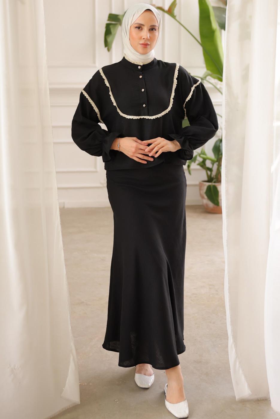 Vêtements hijab NOIR COSTUME JUPE DÉTAIL DENTELLE T 8702