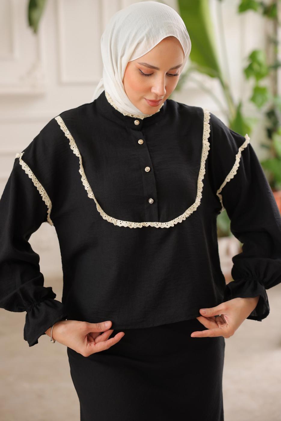 Vêtements hijab NOIR COSTUME JUPE DÉTAIL DENTELLE T 8702