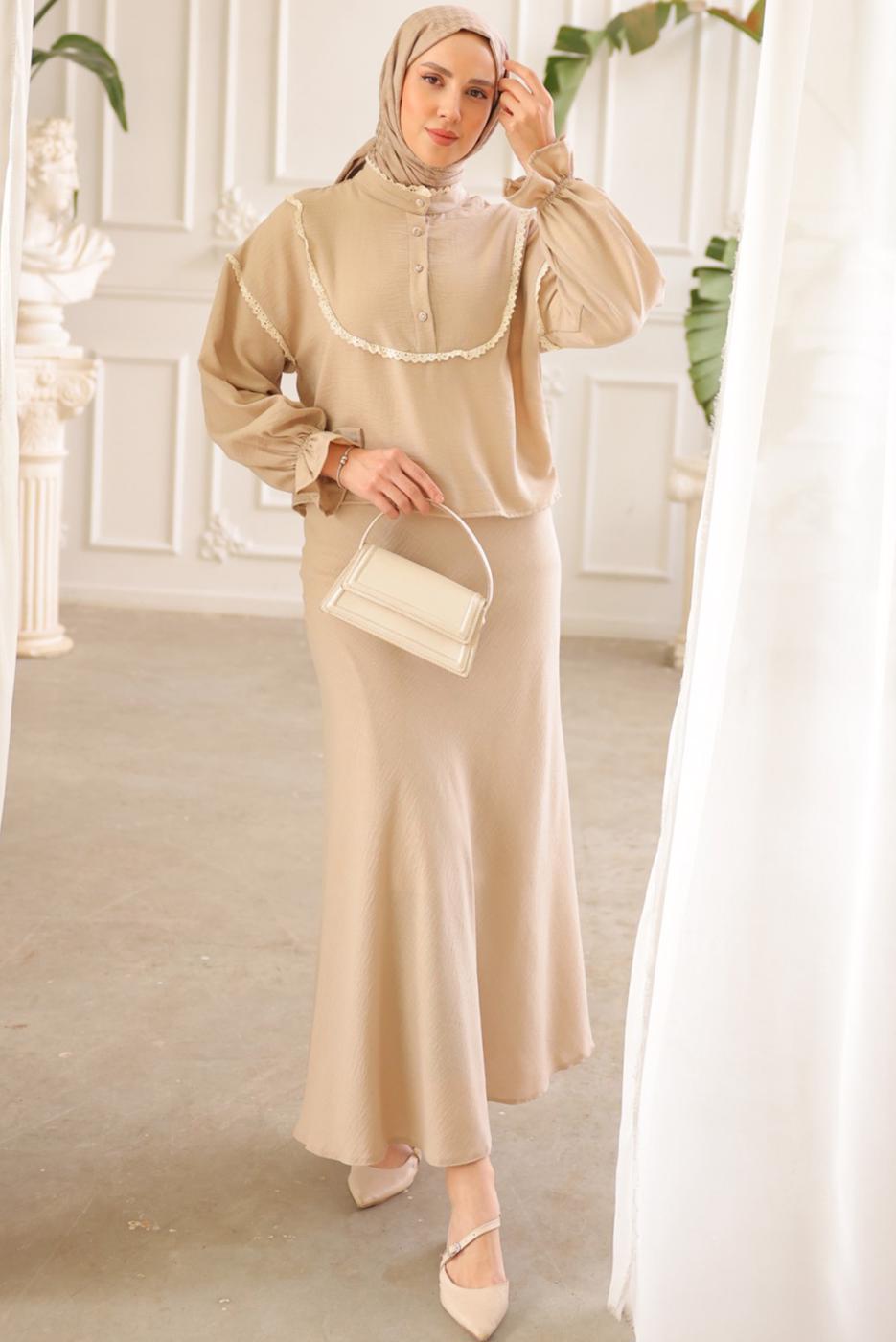 Vêtements hijab BEIGE COSTUME JUPE DÉTAIL DENTELLE T 8702
