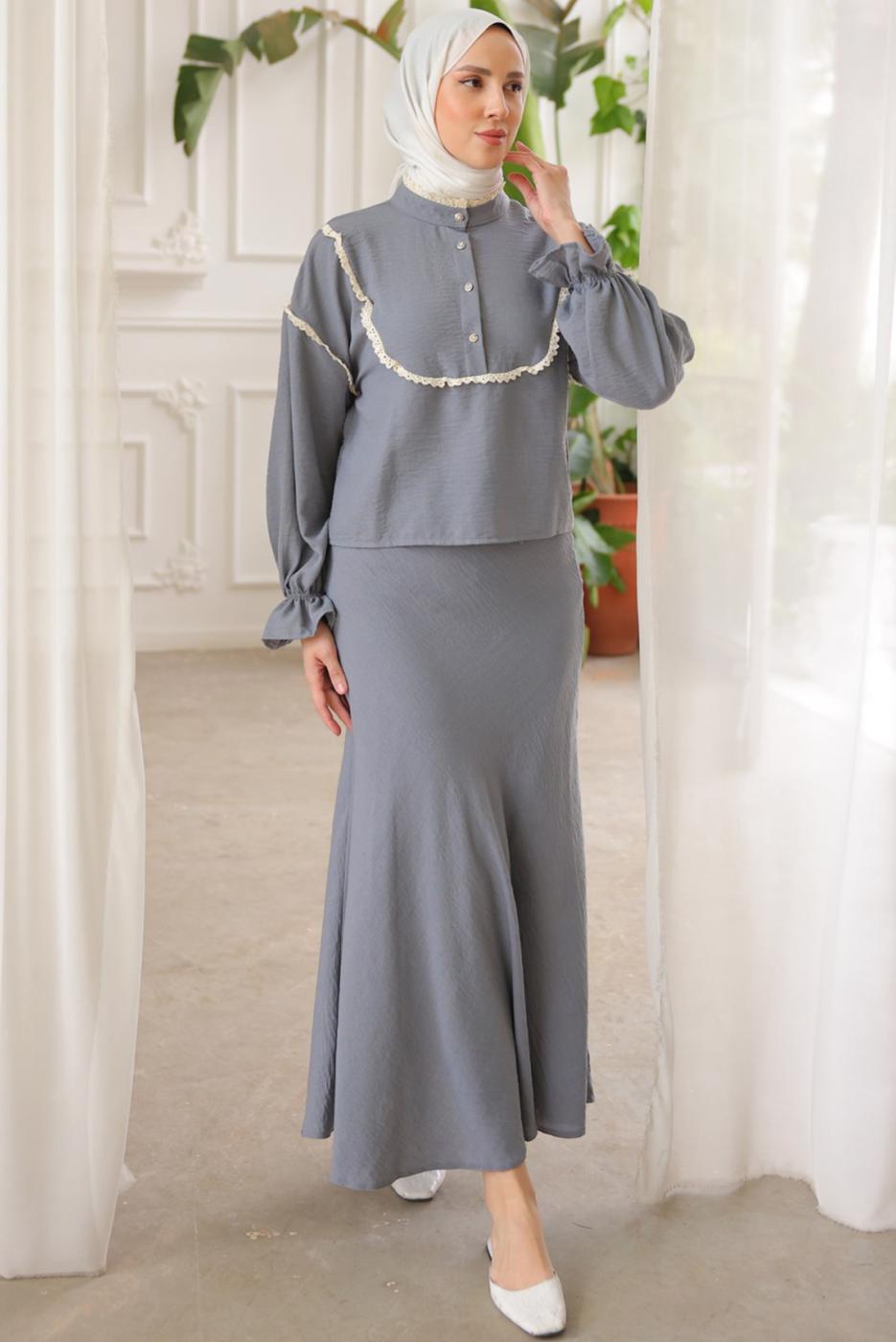 Vêtements hijab GRIS COSTUME JUPE DÉTAIL DENTELLE T 8702