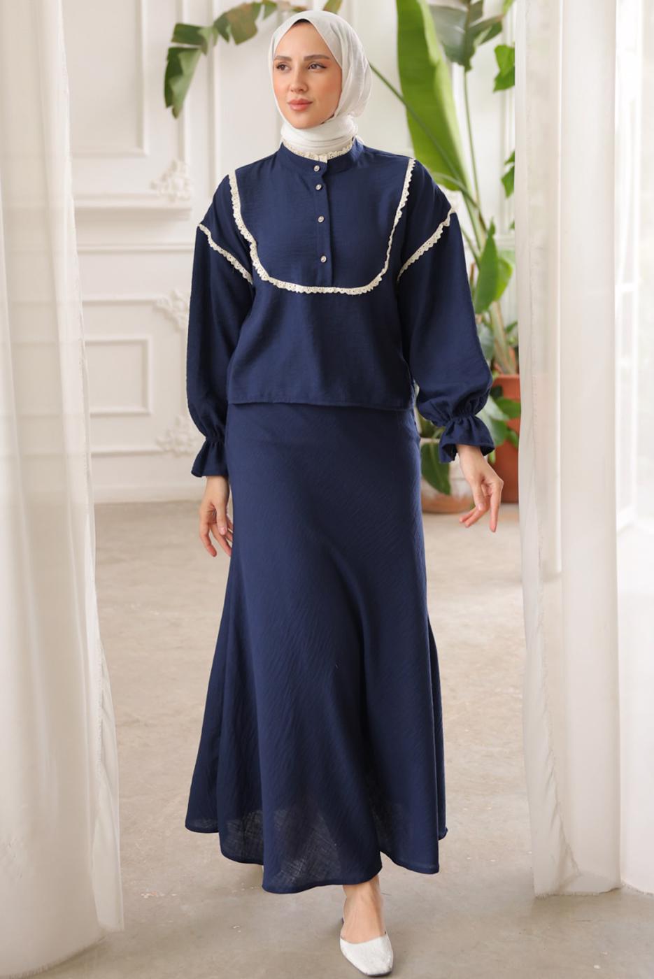 Vêtements hijab BLEU MARINE COSTUME JUPE DÉTAIL DENTELLE T 8702