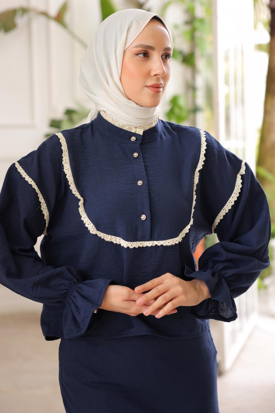 Vêtements hijab BLEU MARINE COSTUME JUPE DÉTAIL DENTELLE T 8702