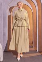 Tesettür giyim BEJ BELİ BAĞCIKLI ETEKLİ TAKIM T 8714