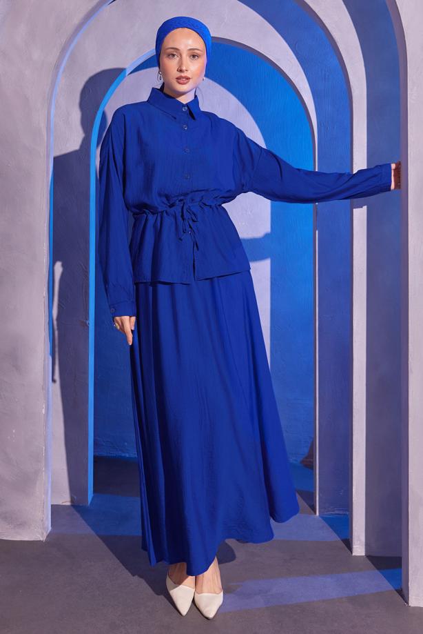 Tesettür giyim LACİVERT BELİ BAĞCIKLI ETEKLİ TAKIM T 8714 - TRENDTESETTÜR