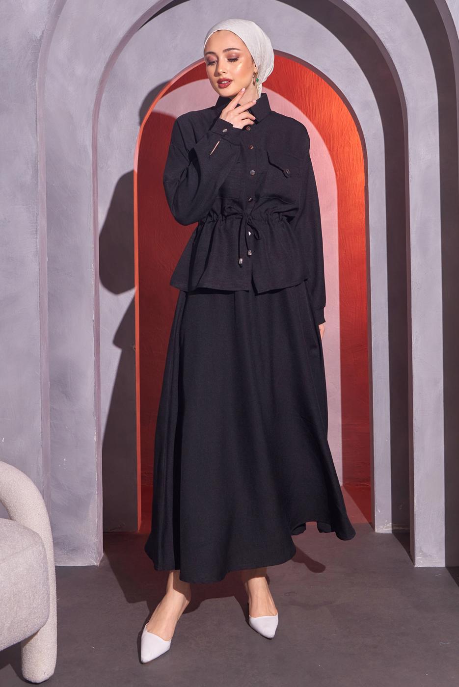 Hijab clothing BLACK TIED WAIST SKIRTED SUIT T 9514