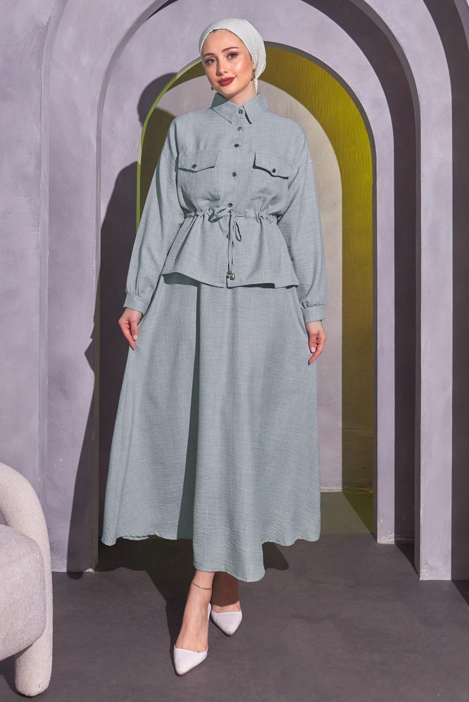 Tesettür giyim GRİ BELDEN BAĞLAMALI ETEKLİ TAKIM T 9514