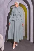 Tesettür giyim GRİ BELDEN BAĞLAMALI ETEKLİ TAKIM T 9514