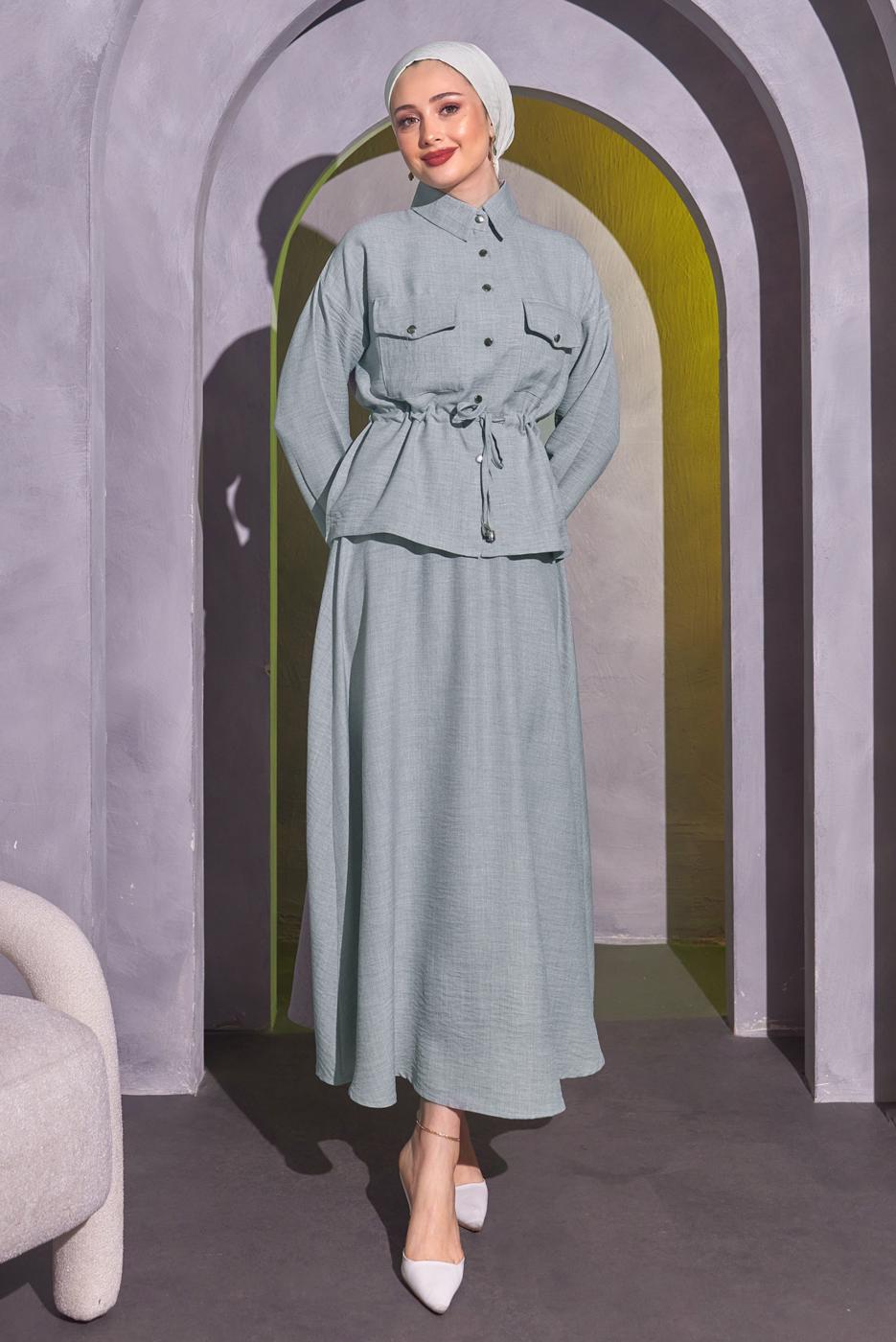 Tesettür giyim GRİ BELDEN BAĞLAMALI ETEKLİ TAKIM T 9514