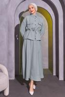 Tesettür giyim GRİ BELDEN BAĞLAMALI ETEKLİ TAKIM T 9514