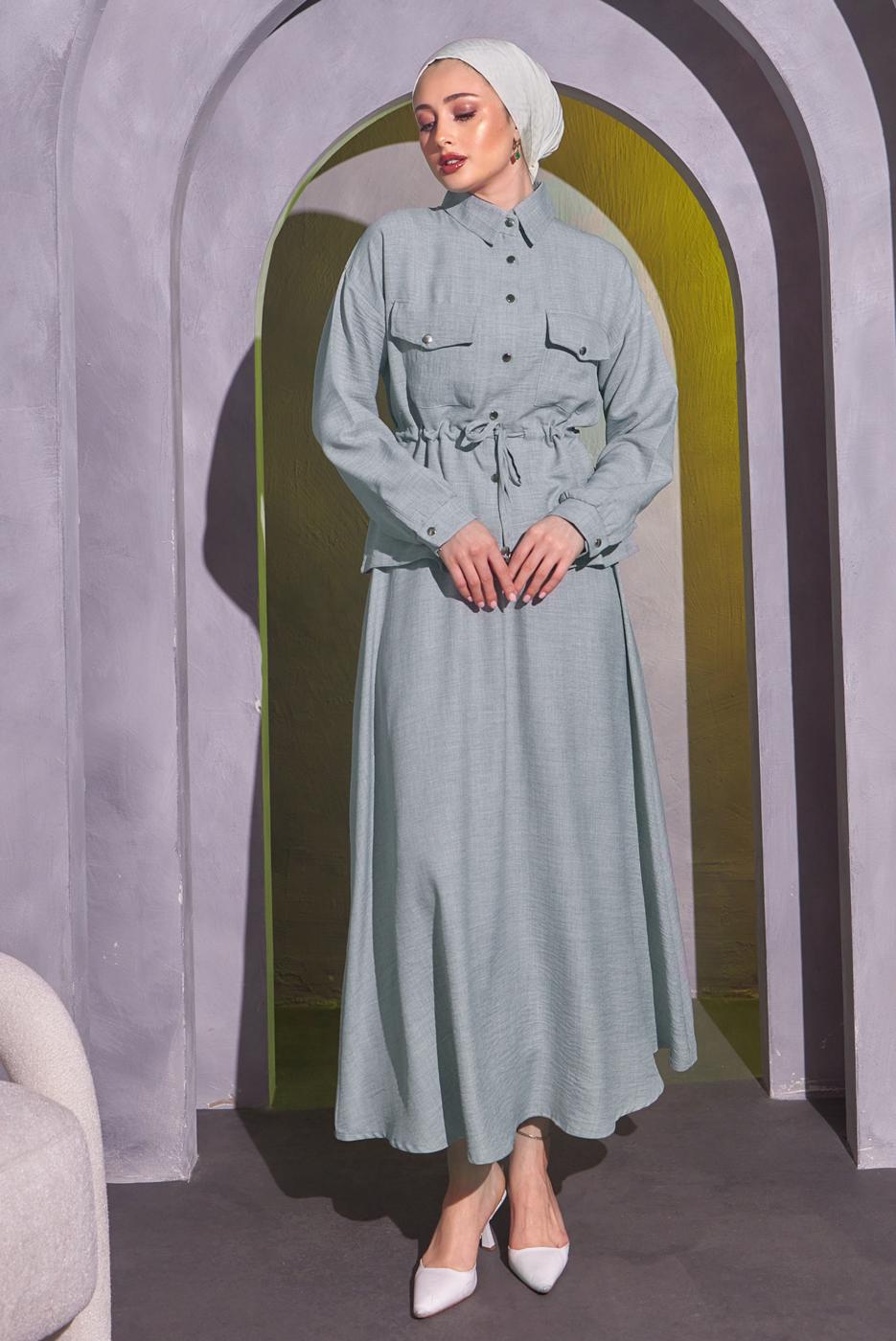 Tesettür giyim GRİ BELDEN BAĞLAMALI ETEKLİ TAKIM T 9514