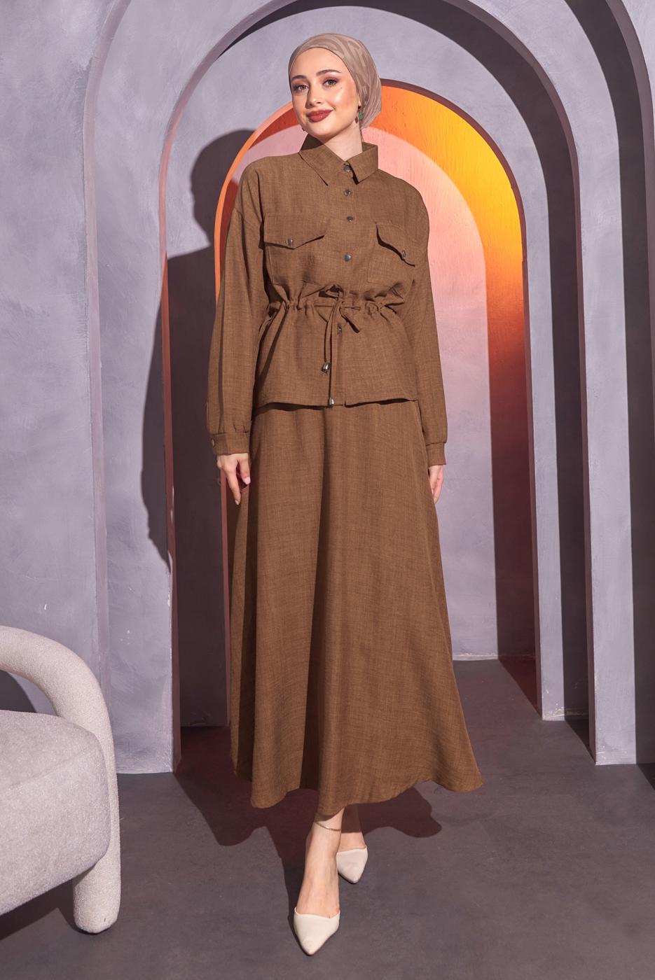 Tesettür giyim KAHVE BELDEN BAĞLAMALI ETEKLİ TAKIM T 9514
