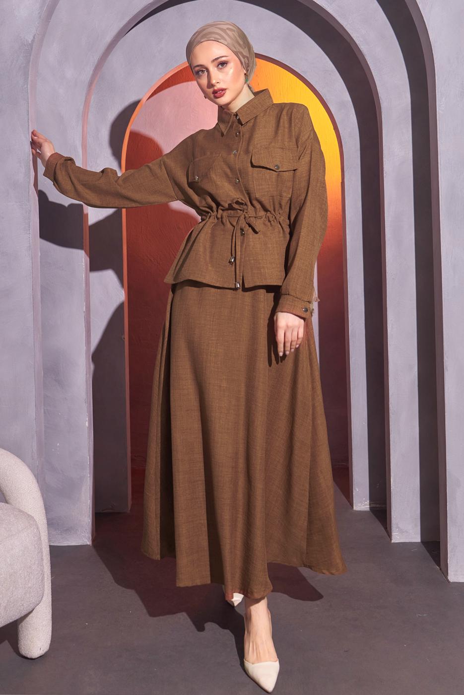 Tesettür giyim KAHVE BELDEN BAĞLAMALI ETEKLİ TAKIM T 9514