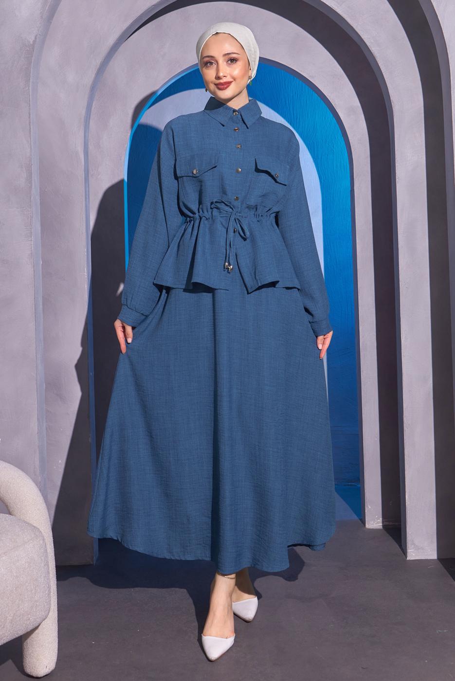 Tesettür giyim LACİVERT BELDEN BAĞLAMALI ETEKLİ TAKIM T 9514