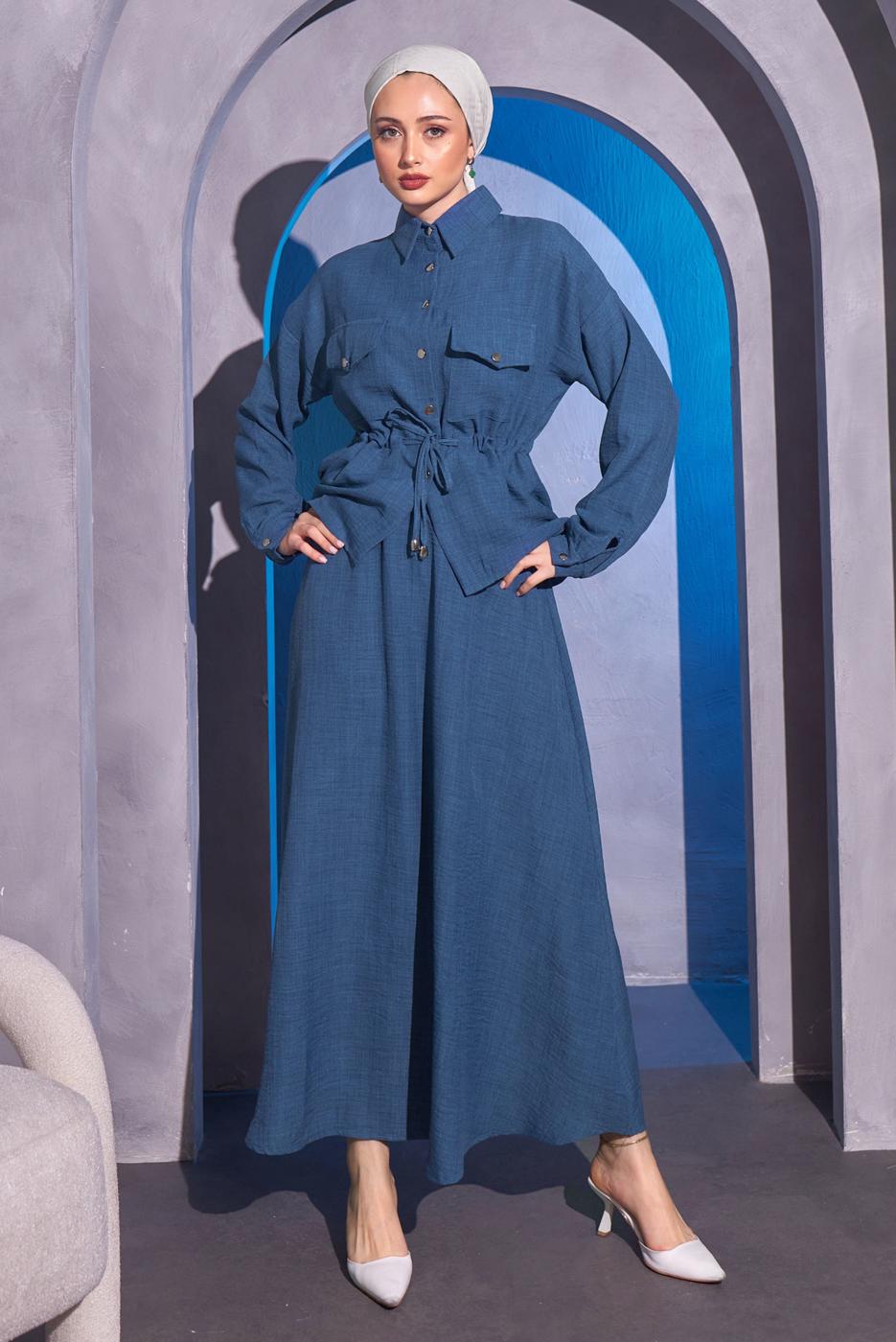 Tesettür giyim LACİVERT BELDEN BAĞLAMALI ETEKLİ TAKIM T 9514