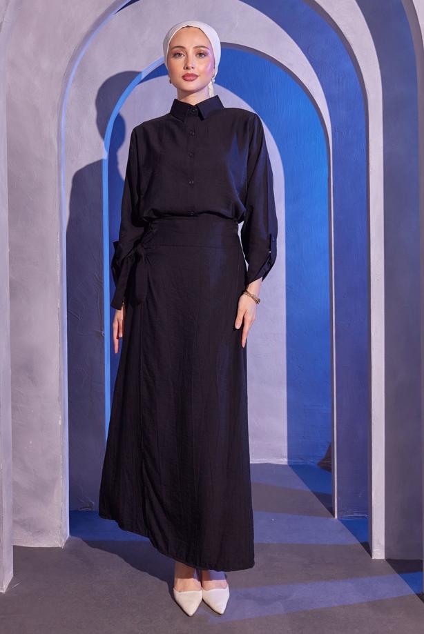 Tesettür giyim SİYAH BAĞLAMA DETAYLI ETEKLİ TAKIM T 9714 - TRENDTESETTÜR