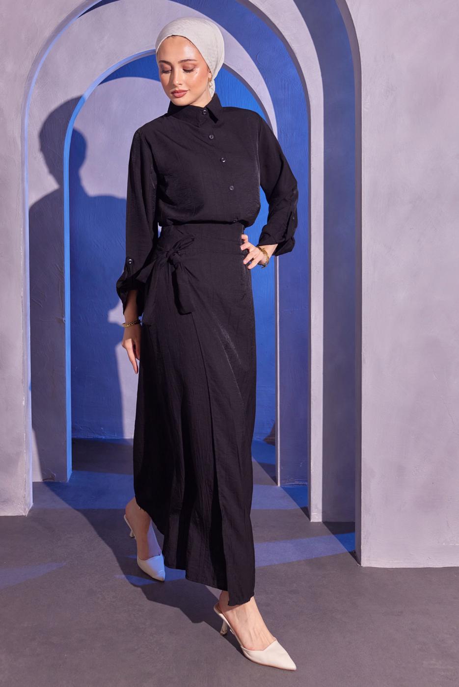 Vêtements hijab NOIR COSTUME À JUPE COL CHEMISE T 9714