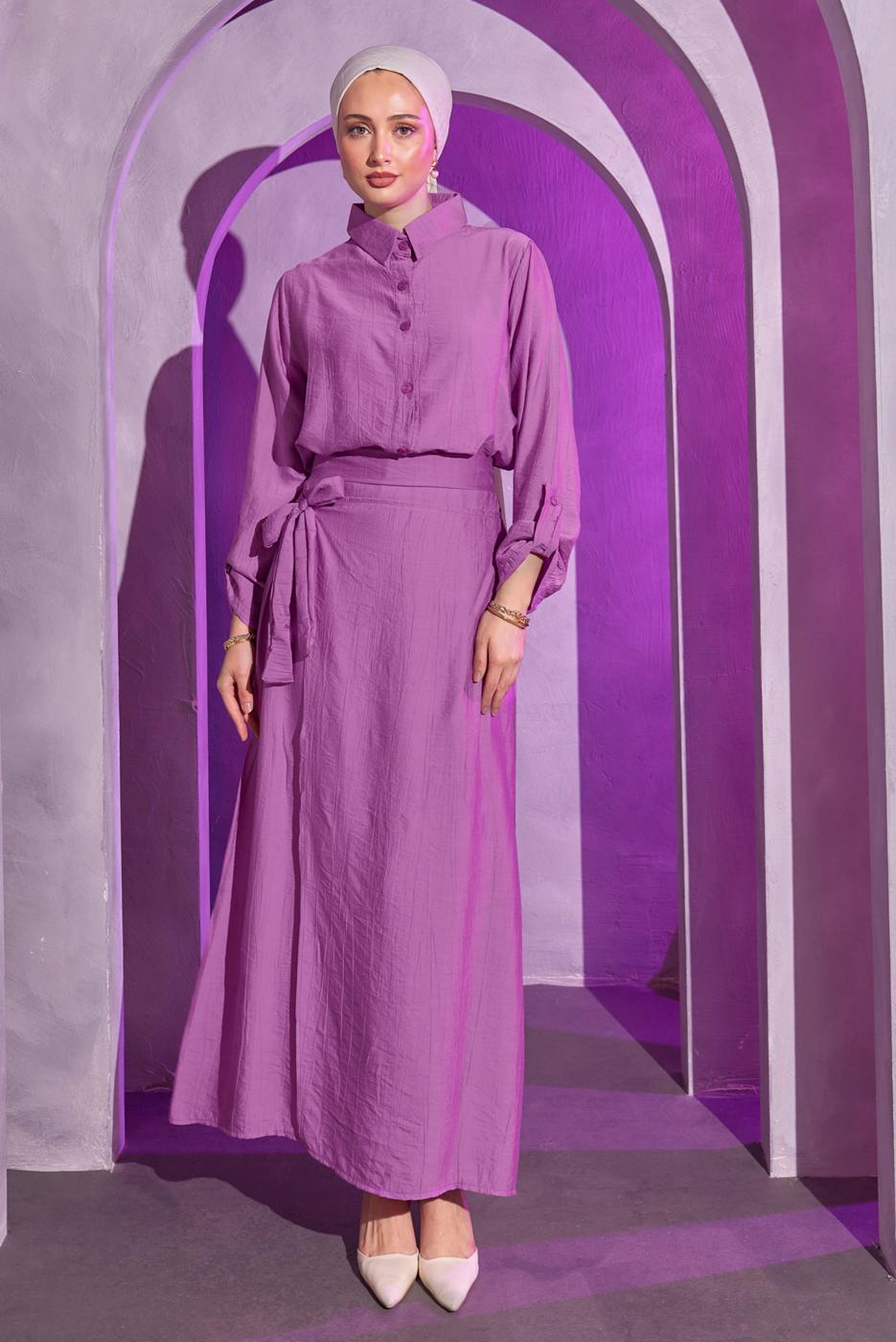 Tesettür giyim MOR BAĞLAMA DETAYLI ETEKLİ TAKIM T 9714