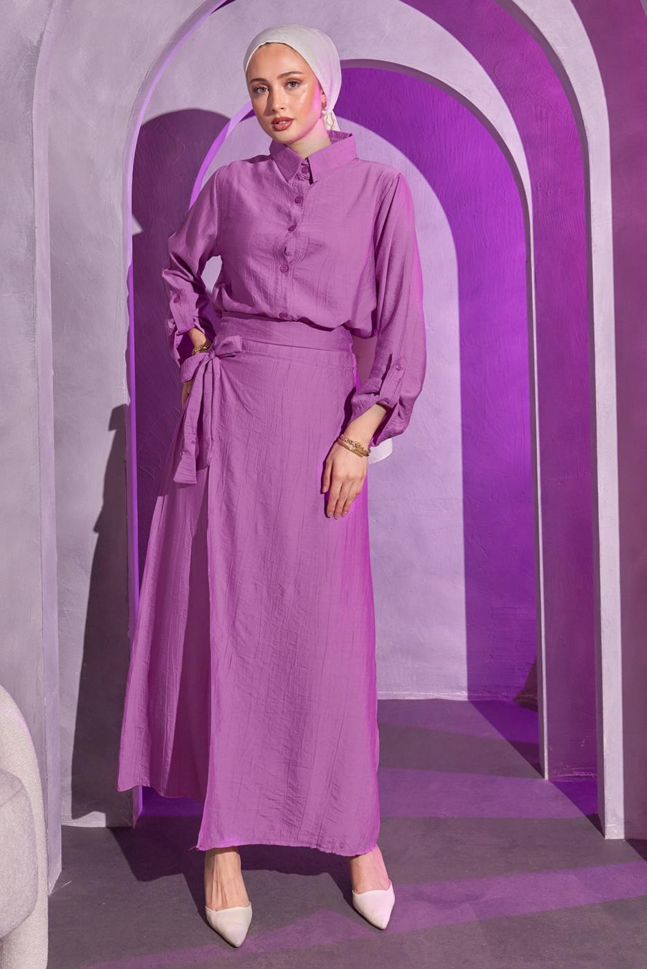 Tesettür giyim MOR BAĞLAMA DETAYLI ETEKLİ TAKIM T 9714