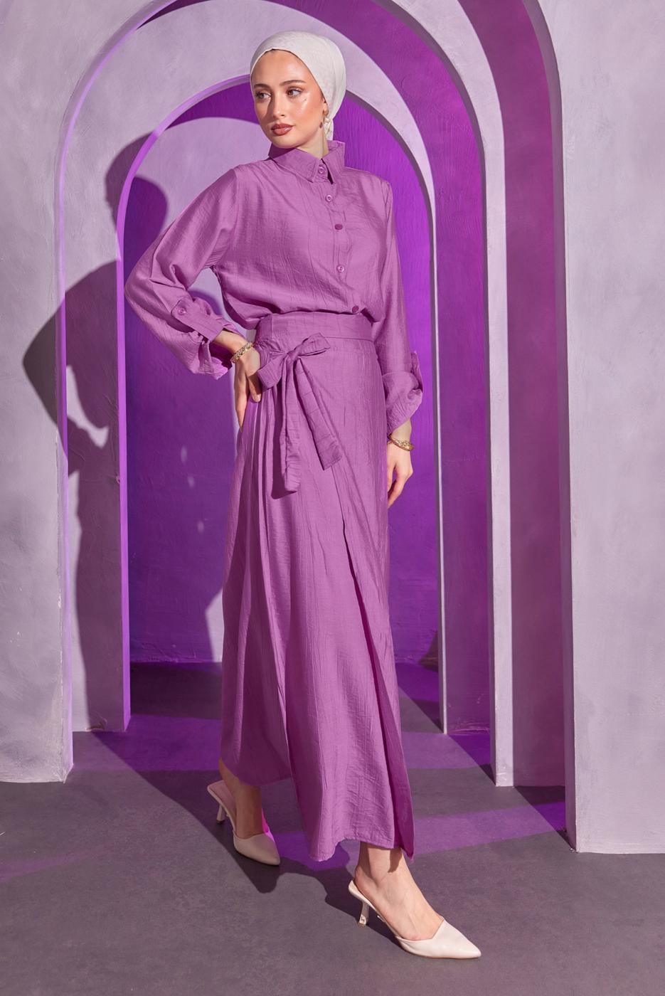 Tesettür giyim MOR BAĞLAMA DETAYLI ETEKLİ TAKIM T 9714
