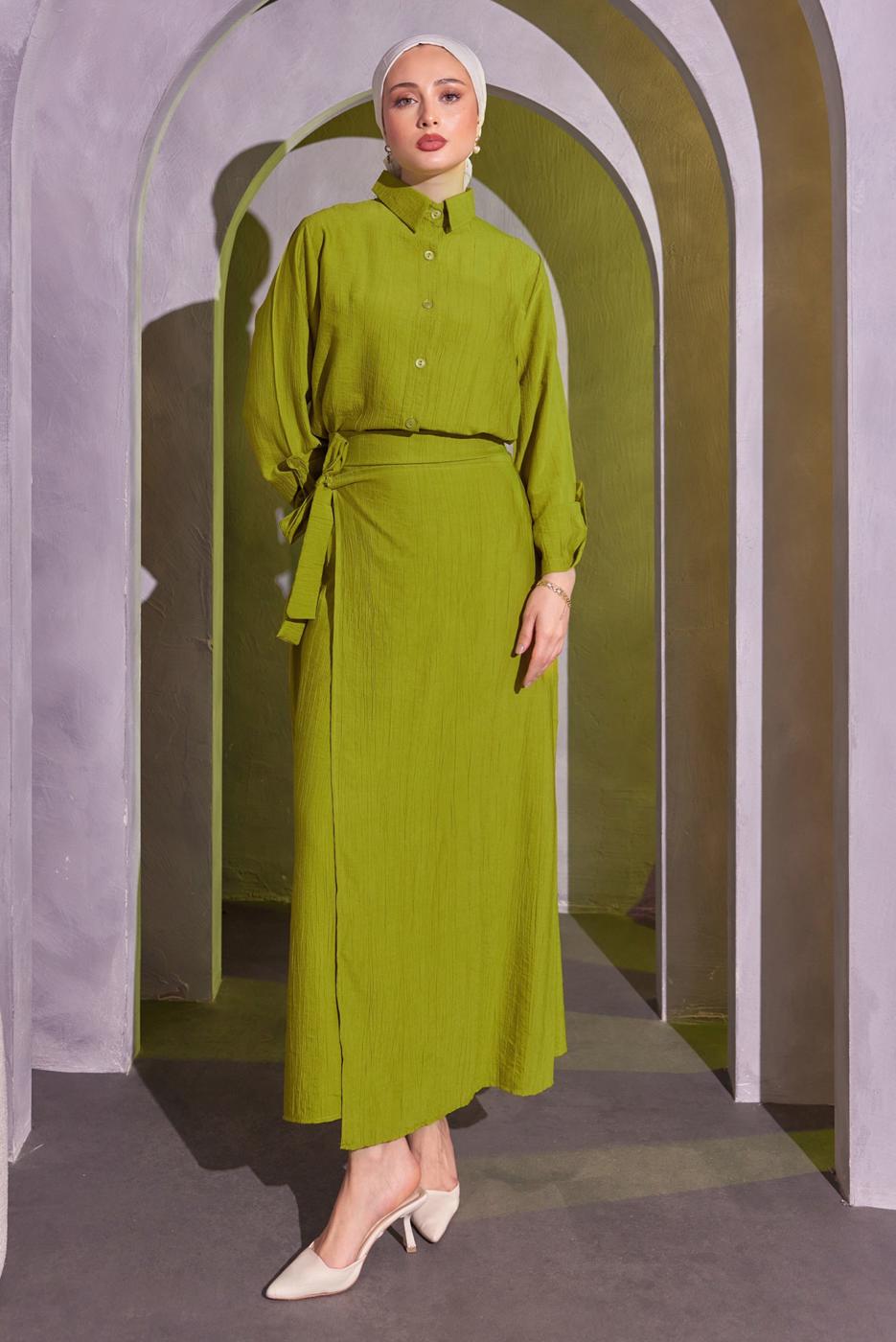 Tesettür giyim YEŞİL BAĞLAMA DETAYLI ETEKLİ TAKIM T 9714