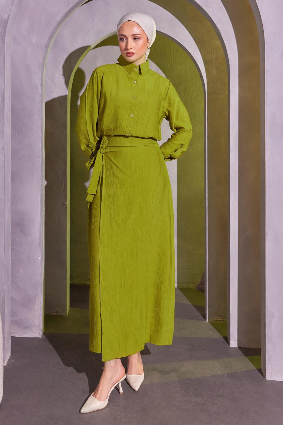 Tesettür giyim YEŞİL BAĞLAMA DETAYLI ETEKLİ TAKIM T 9714