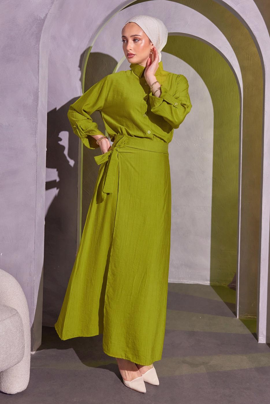 Tesettür giyim YEŞİL BAĞLAMA DETAYLI ETEKLİ TAKIM T 9714