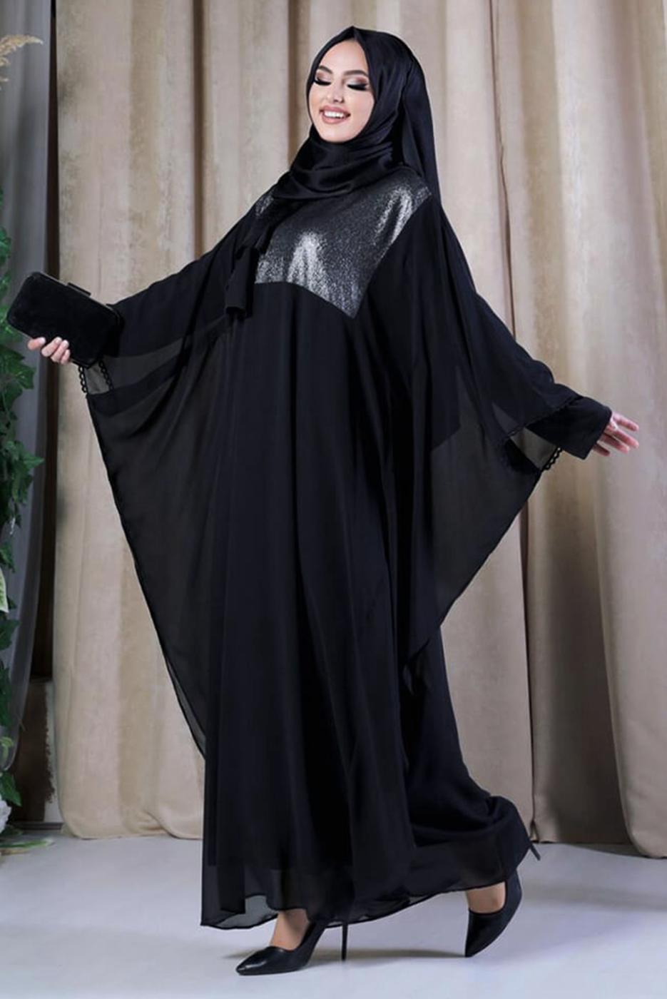 Tesettür giyim SİYAH PELERİNLİ ŞİFON ELBİSELİ TAKIM T 0538