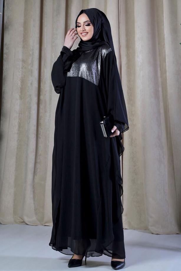 Tesettür giyim SİYAH PELERİNLİ ŞİFON ELBİSELİ TAKIM T 0538 - TRENDTESETTÜR