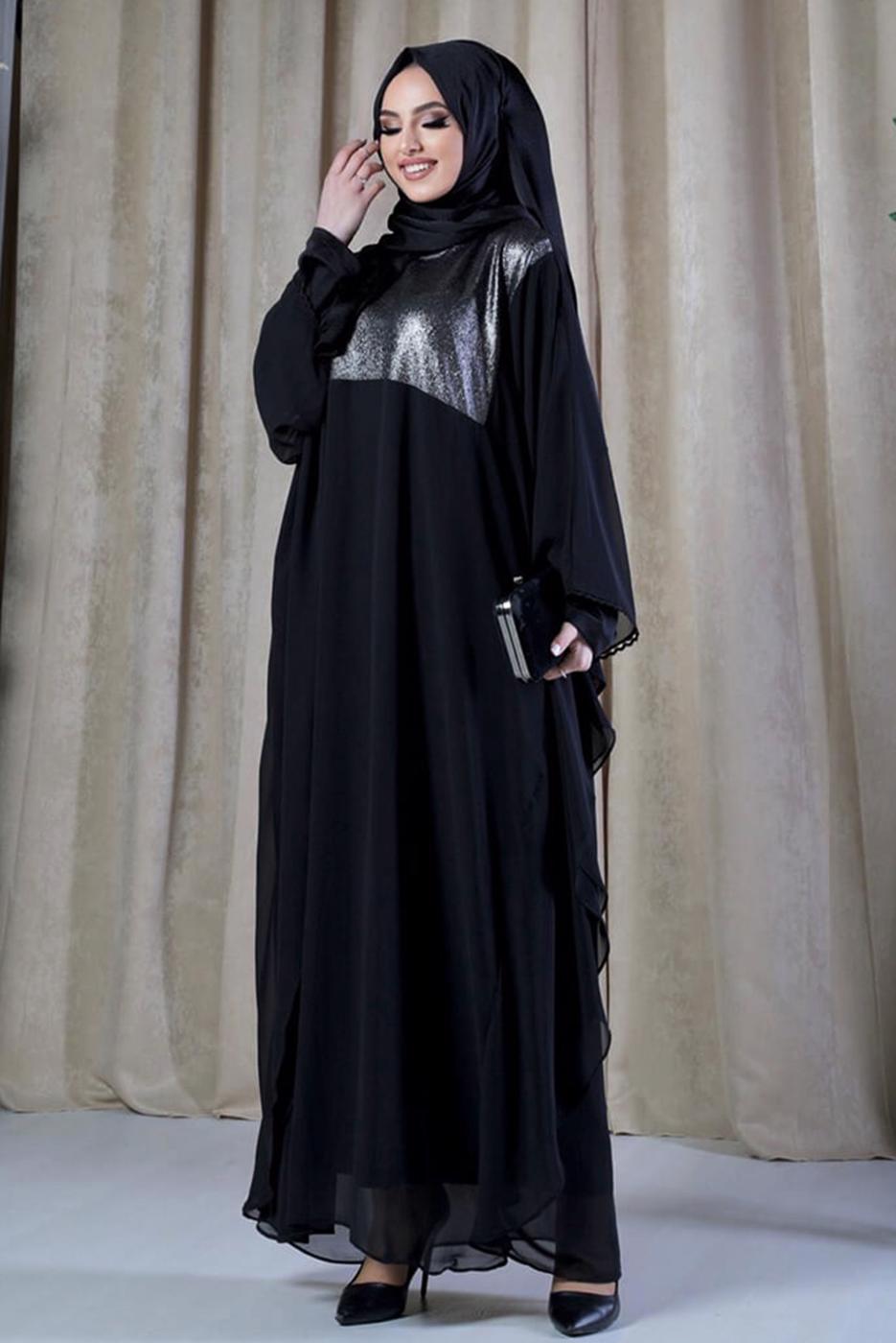 Tesettür giyim SİYAH PELERİNLİ ŞİFON ELBİSELİ TAKIM T 0538