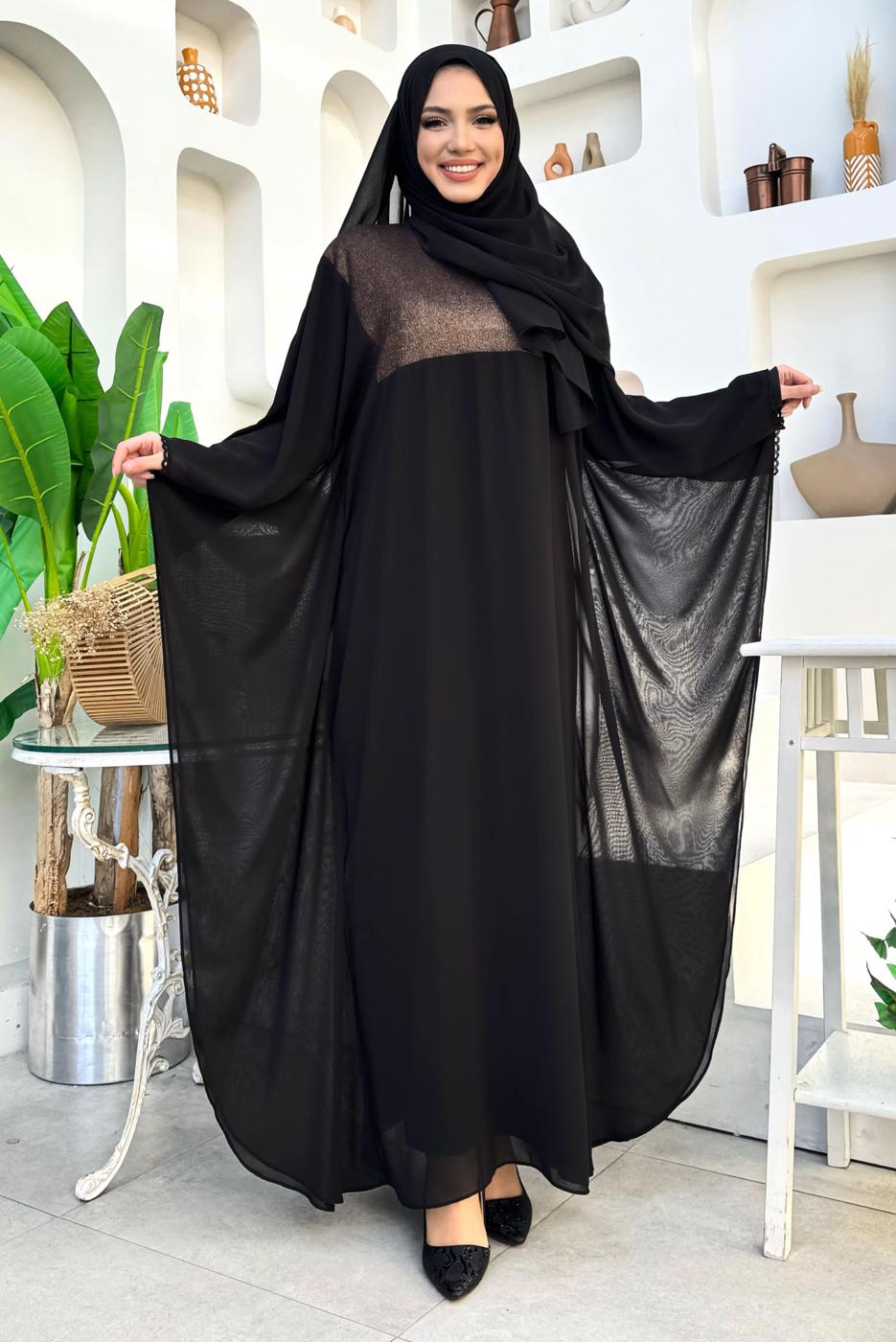 Tesettür giyim SİYAH PELERİNLİ ŞİFON ELBİSELİ TAKIM T 0538