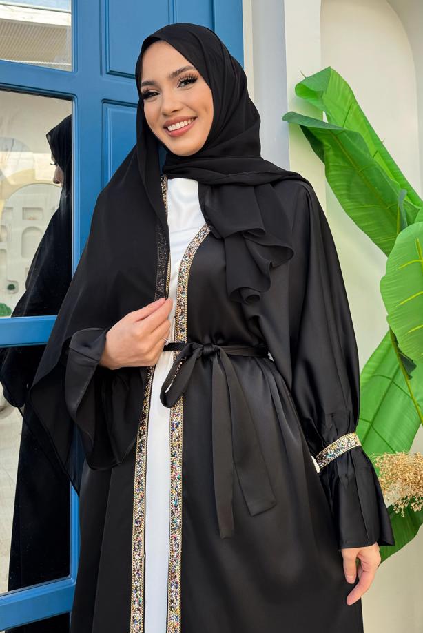 Tesettür giyim SİYAH KUŞAKLI TAŞLI ELBİSELİ TAKIM T 0683 - TRENDTESETTÜR
