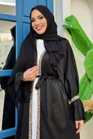 Tesettür giyim SİYAH KUŞAKLI TAŞLI ELBİSELİ TAKIM T 0683