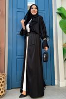 Tesettür giyim SİYAH KUŞAKLI TAŞLI ELBİSELİ TAKIM T 0683