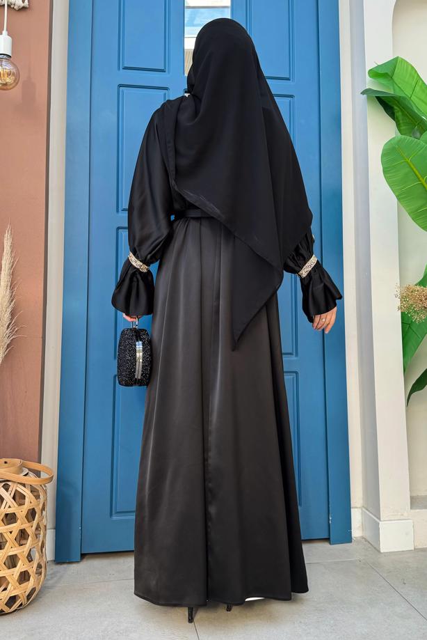 Tesettür giyim SİYAH KUŞAKLI TAŞLI ELBİSELİ TAKIM T 0683 - TRENDTESETTÜR