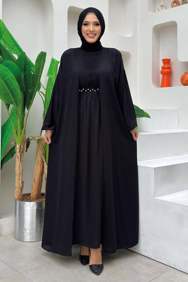 Tesettür giyim SİYAH TAŞ DETAYLI ELBİSELİ TAKIM T 0948 - TRENDTESETTÜR