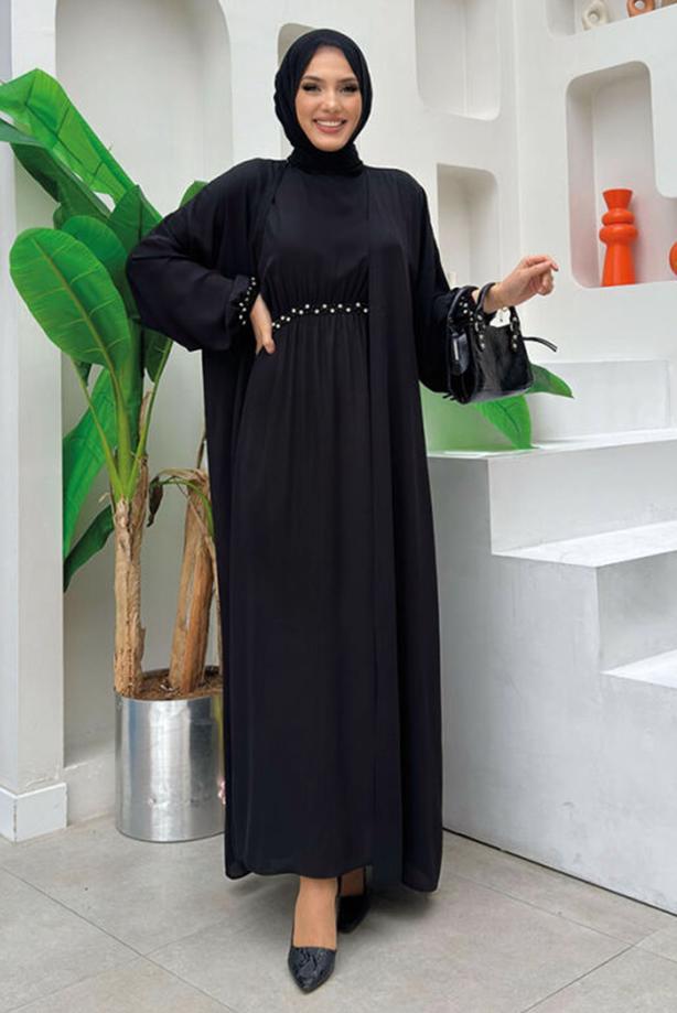 Tesettür giyim SİYAH TAŞ DETAYLI ELBİSELİ TAKIM T 0948 - TRENDTESETTÜR