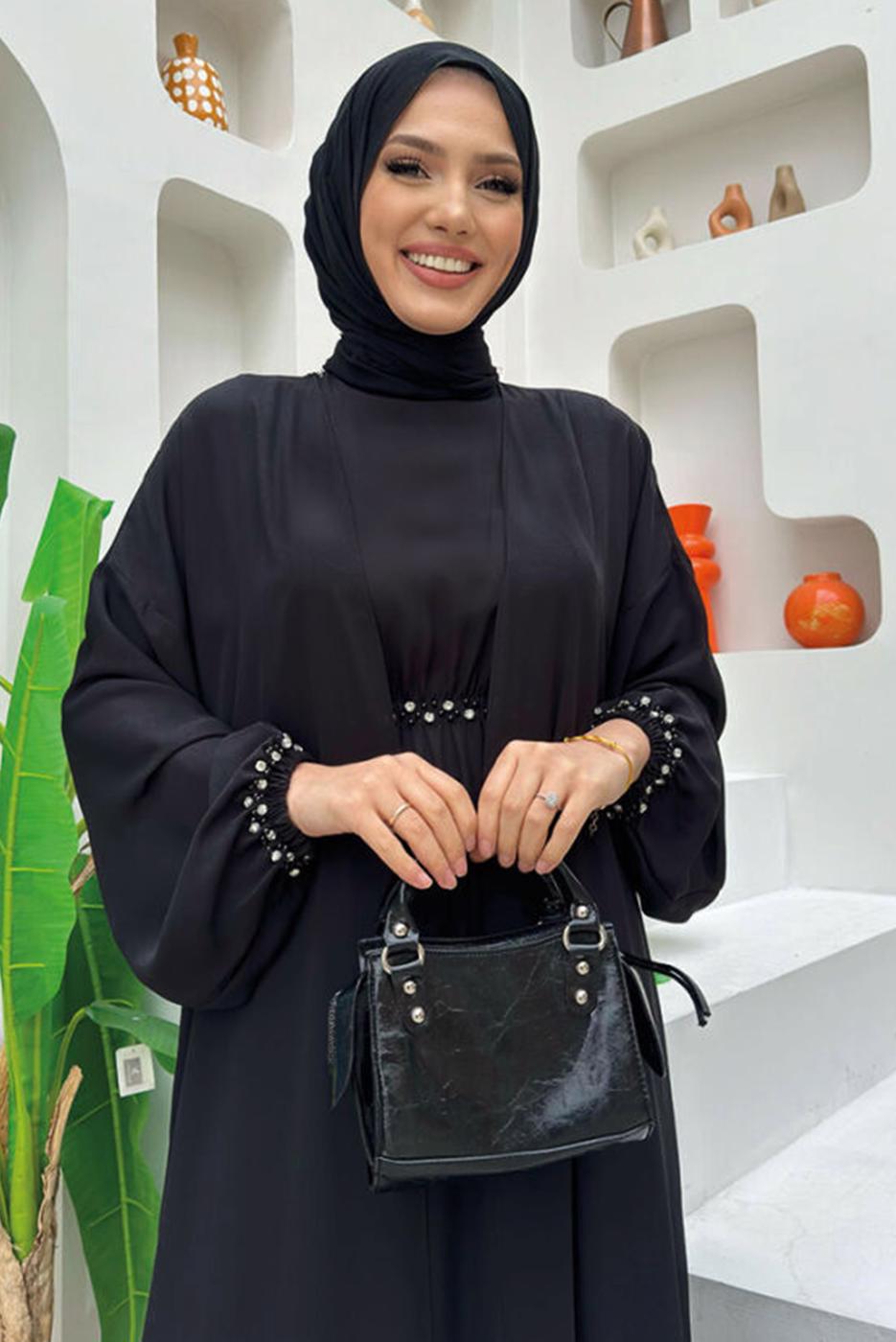 Tesettür giyim SİYAH TAŞ DETAYLI ELBİSELİ TAKIM T 0948