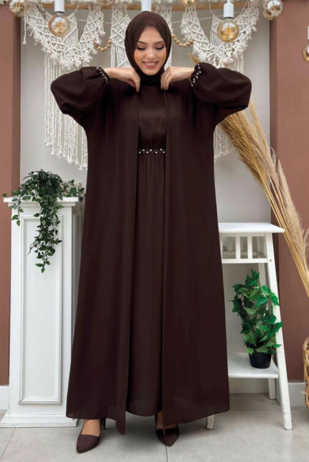Tesettür giyim KAHVE TAŞ DETAYLI ELBİSELİ TAKIM T 0948 - TRENDTESETTÜR