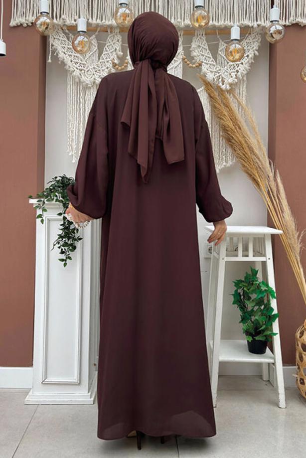 Tesettür giyim KAHVE TAŞ DETAYLI ELBİSELİ TAKIM T 0948 - TRENDTESETTÜR