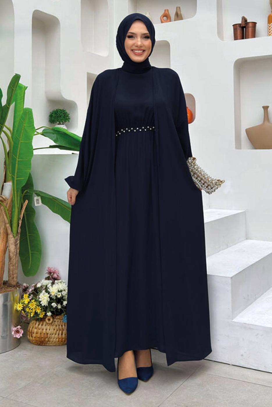 Vêtements hijab BLEU MARINE TAILLEUR ROBE AVEC GEMME T 0948