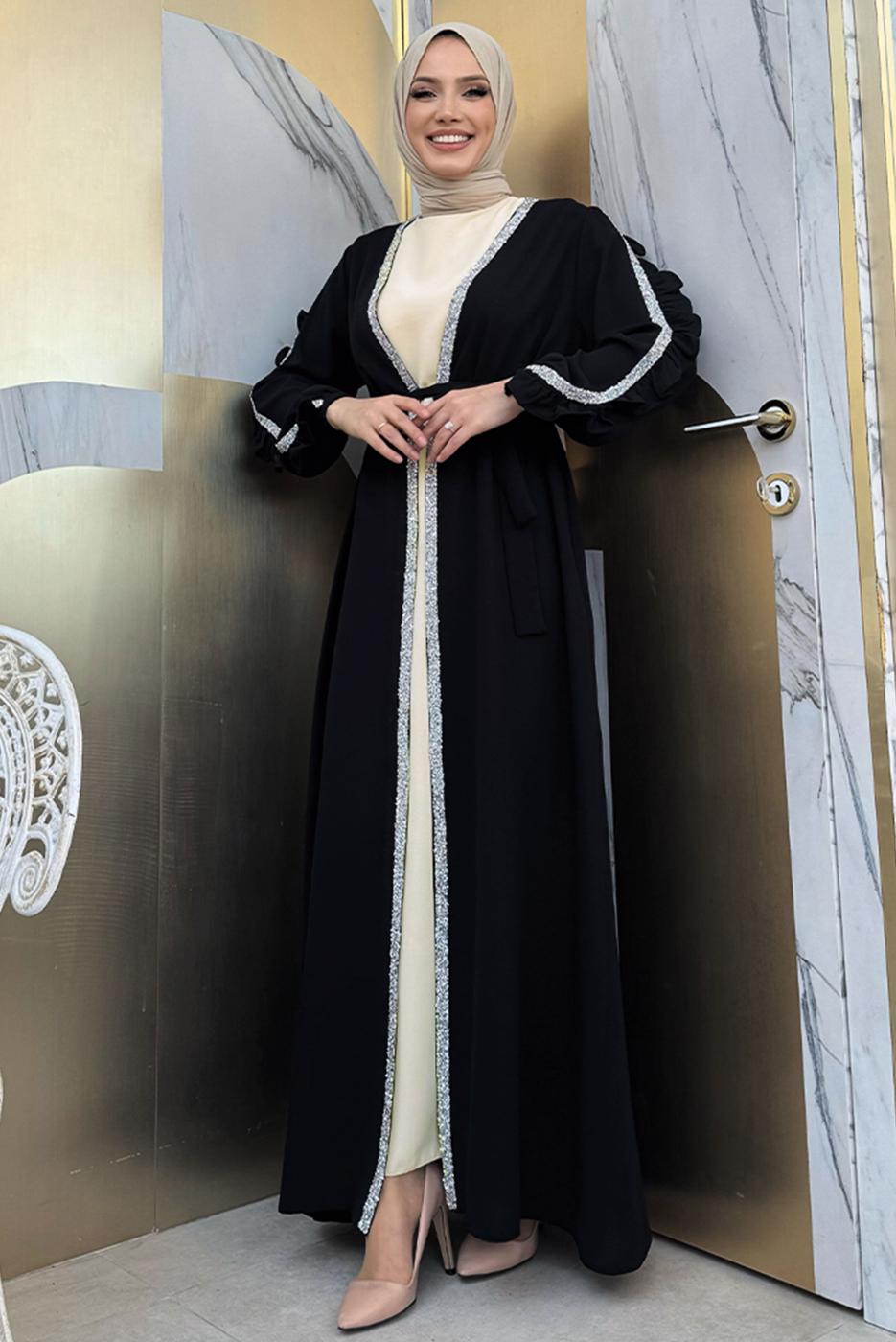 Tesettür giyim SİYAH TAŞ DETAYLI ELBİSELİ ABAYA TAKIM T 4848