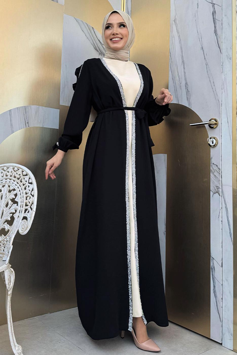 Tesettür giyim SİYAH TAŞ DETAYLI ELBİSELİ ABAYA TAKIM T 4848