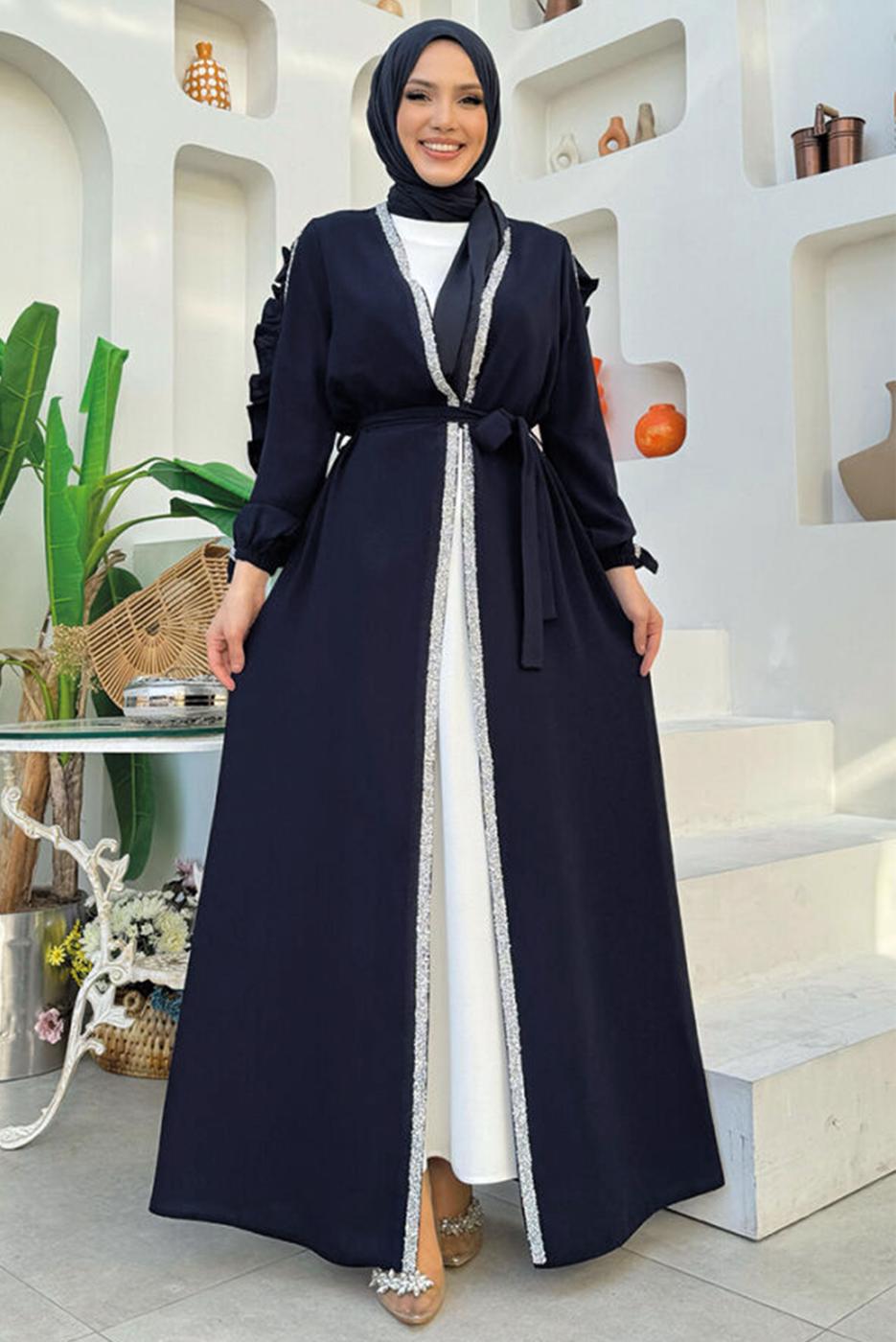 Tesettür giyim LACİVERT TAŞ DETAYLI ELBİSELİ ABAYA TAKIM T 4848
