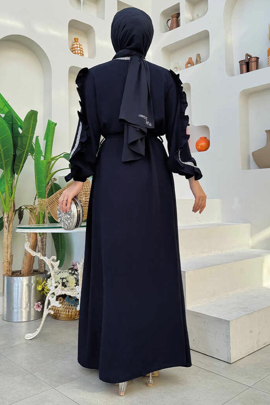 Tesettür giyim LACİVERT TAŞ DETAYLI ELBİSELİ ABAYA TAKIM T 4848