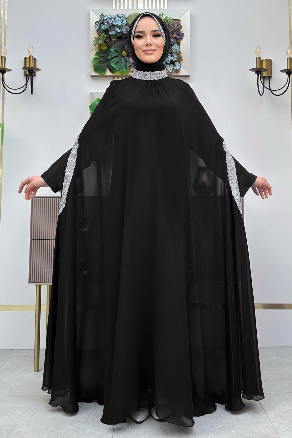 Tesettür giyim SİYAH TAŞLI PELERİNLİ ELBİSELİ TAKIM T 5783