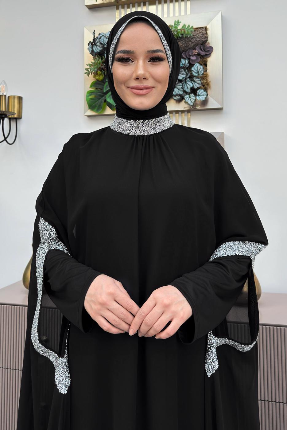 Tesettür giyim SİYAH TAŞLI PELERİNLİ ELBİSELİ TAKIM T 5783