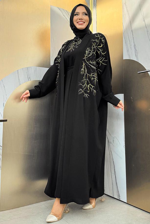 Vêtements hijab NOIR TAILLEUR ROBE BRODÉE T 6848 - TRENDTESETTÜR